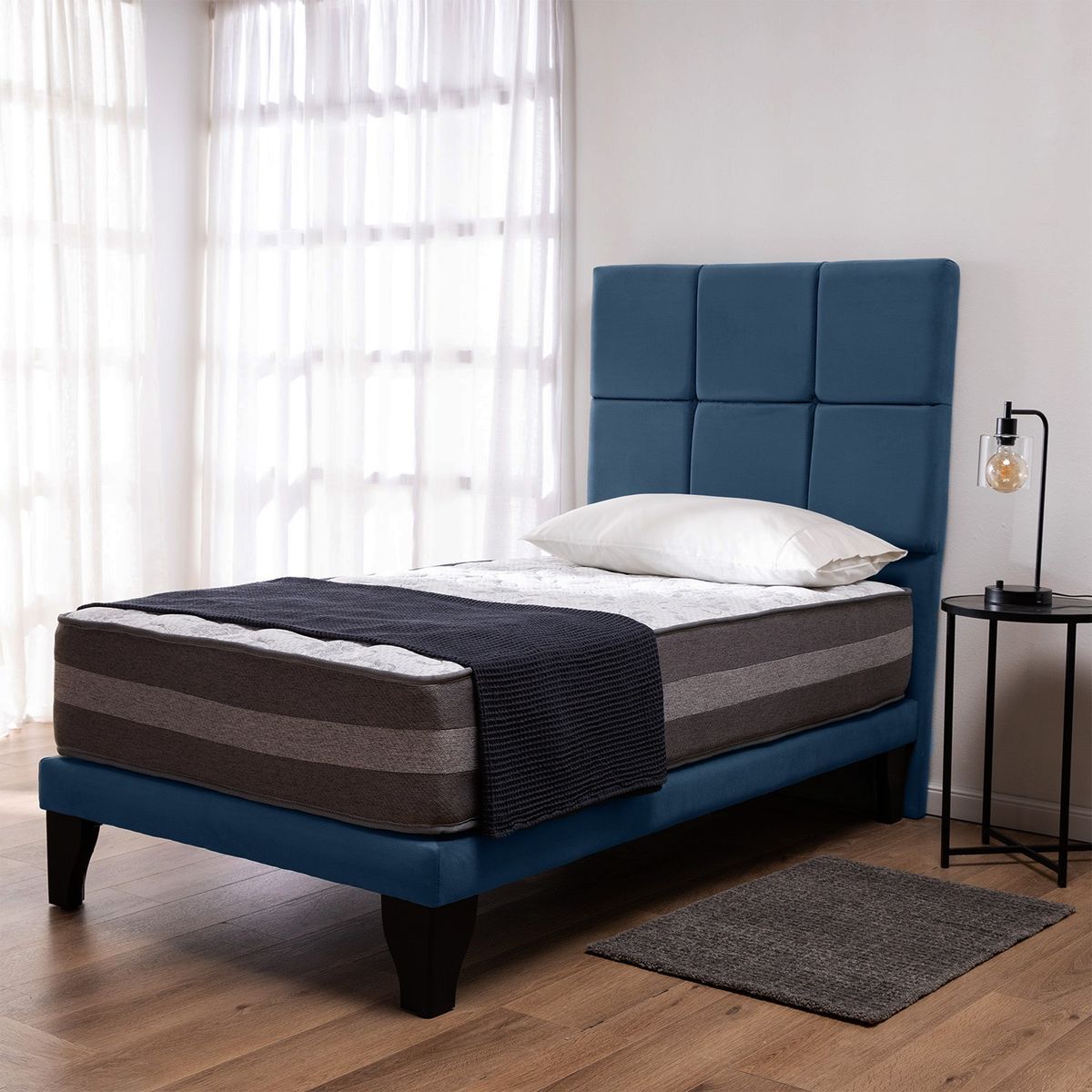 COLBOX - Cama Europea Valencia Premium + Respaldo Atenas 1 PL Felpa Azul