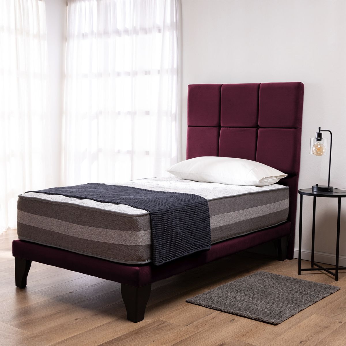 COLBOX - Cama Europea Valencia Premium + Respaldo Atenas 1 PL Felpa Burdeo