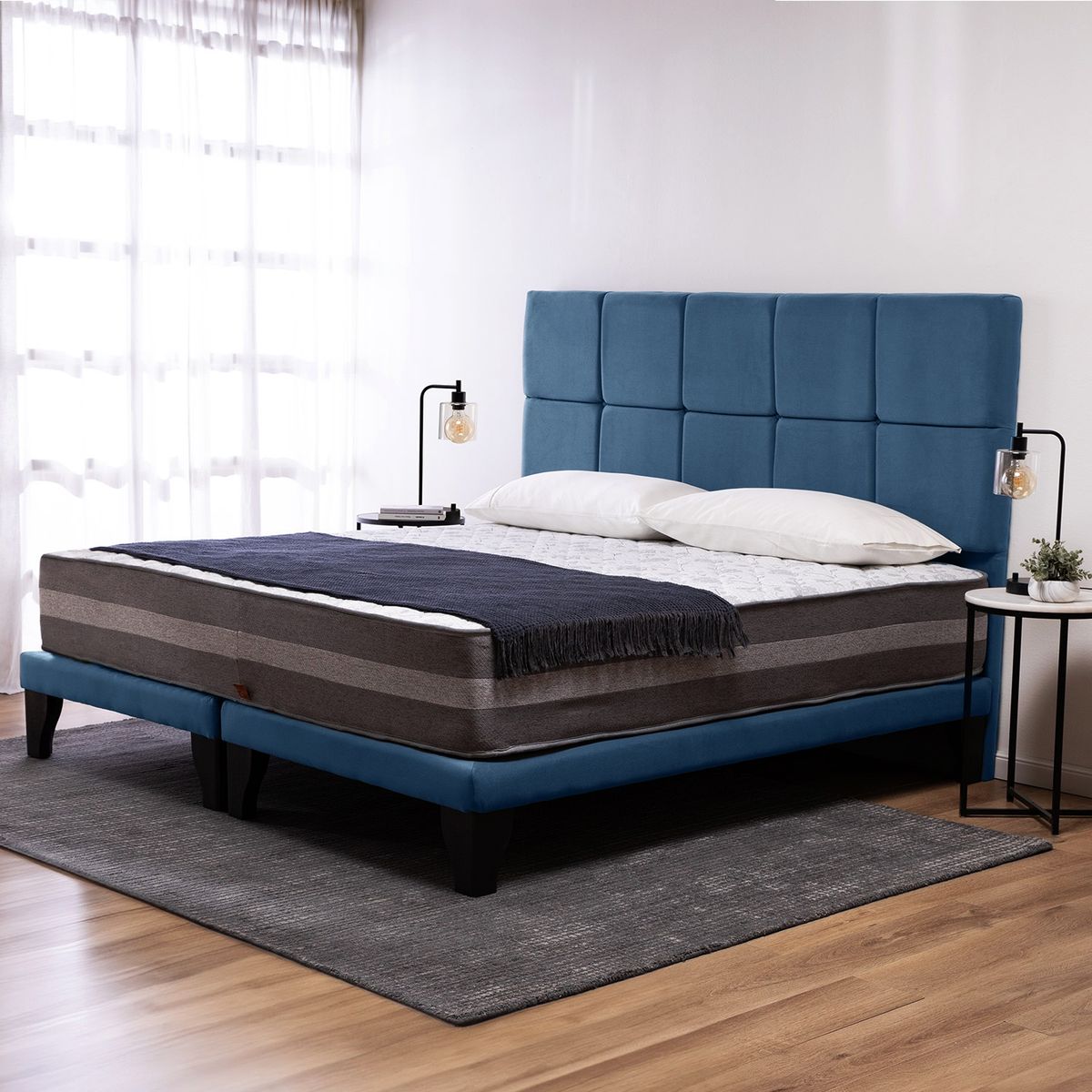 COLBOX - Cama Europea Valencia Premium + Respaldo Atenas King Felpa Azul