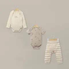 OPALINE - Conjunto 3 piezas bodies y pantalón beige de bebé unisex