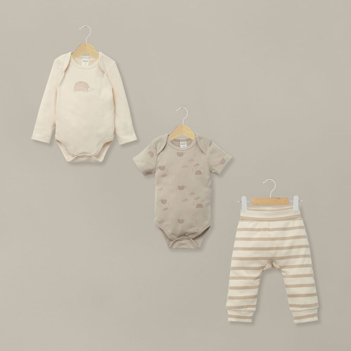 OPALINE - Conjunto 3 piezas bodies y pantalón beige de bebé unisex