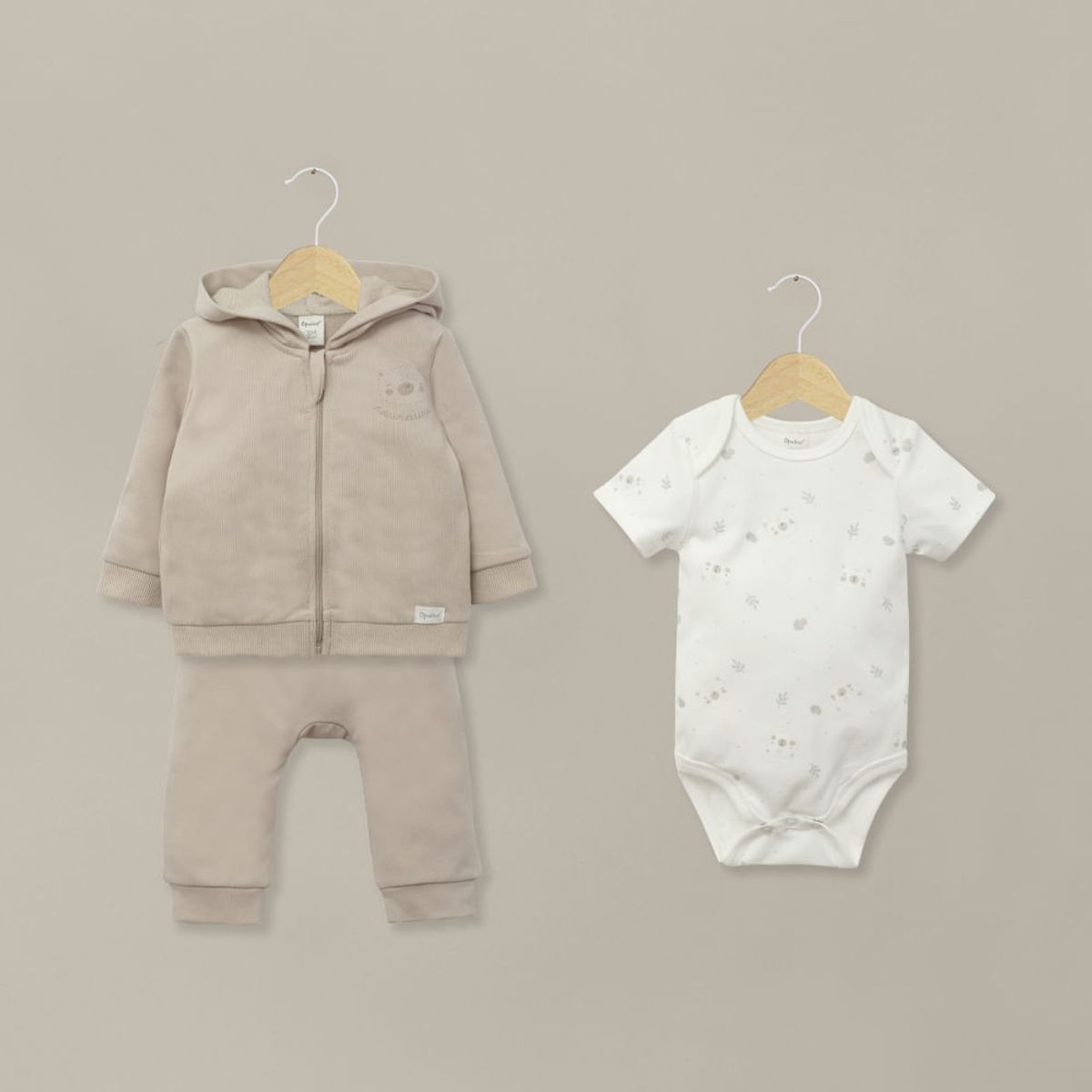 OPALINE - Conjunto 3 piezas polerón, body y pantalón beige bebé unisex