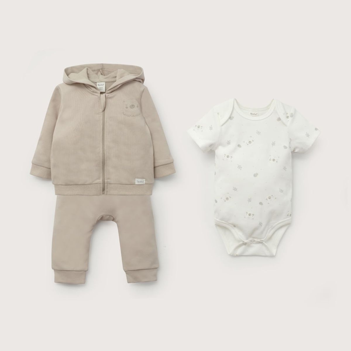 OPALINE - Conjunto 3 piezas polerón, body y pantalón beige bebé unisex