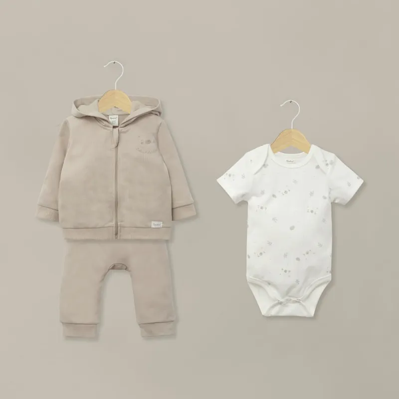 OPALINE - Conjunto 3 piezas polerón, body y pantalón beige bebé unisex
