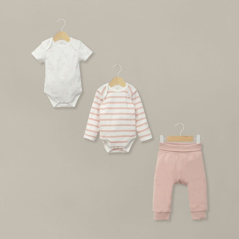 OPALINE - Conjunto 3 piezas bodies y pantalón rosado de bebé niña