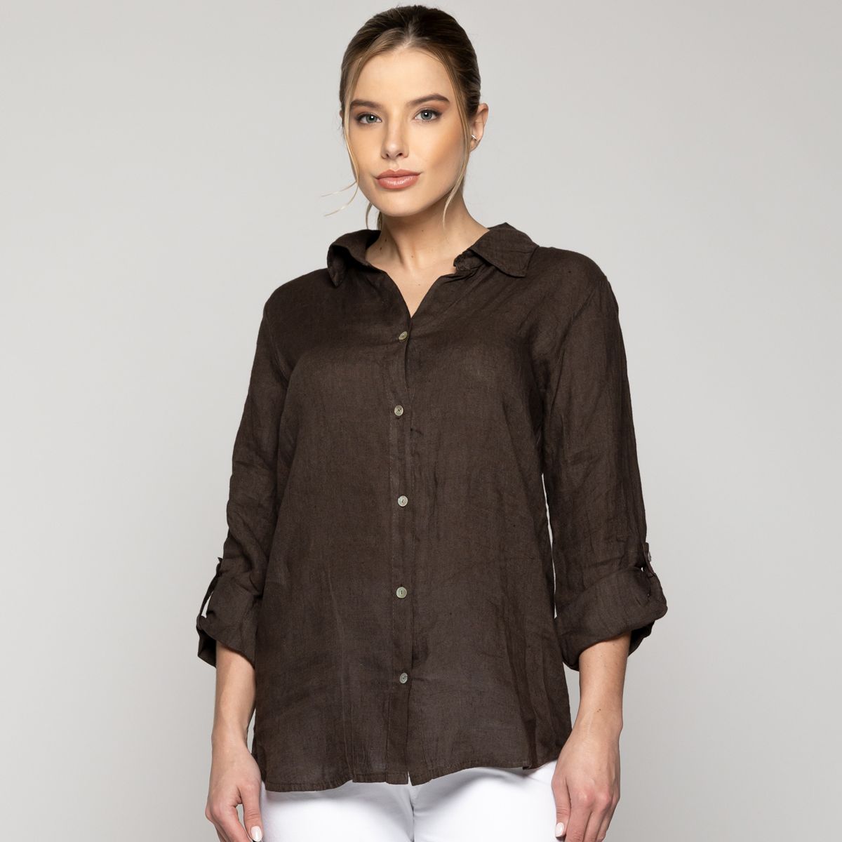 LINEATRE - Blusa Mujer Belén Lino Manga Larga Café Moro Lineatre