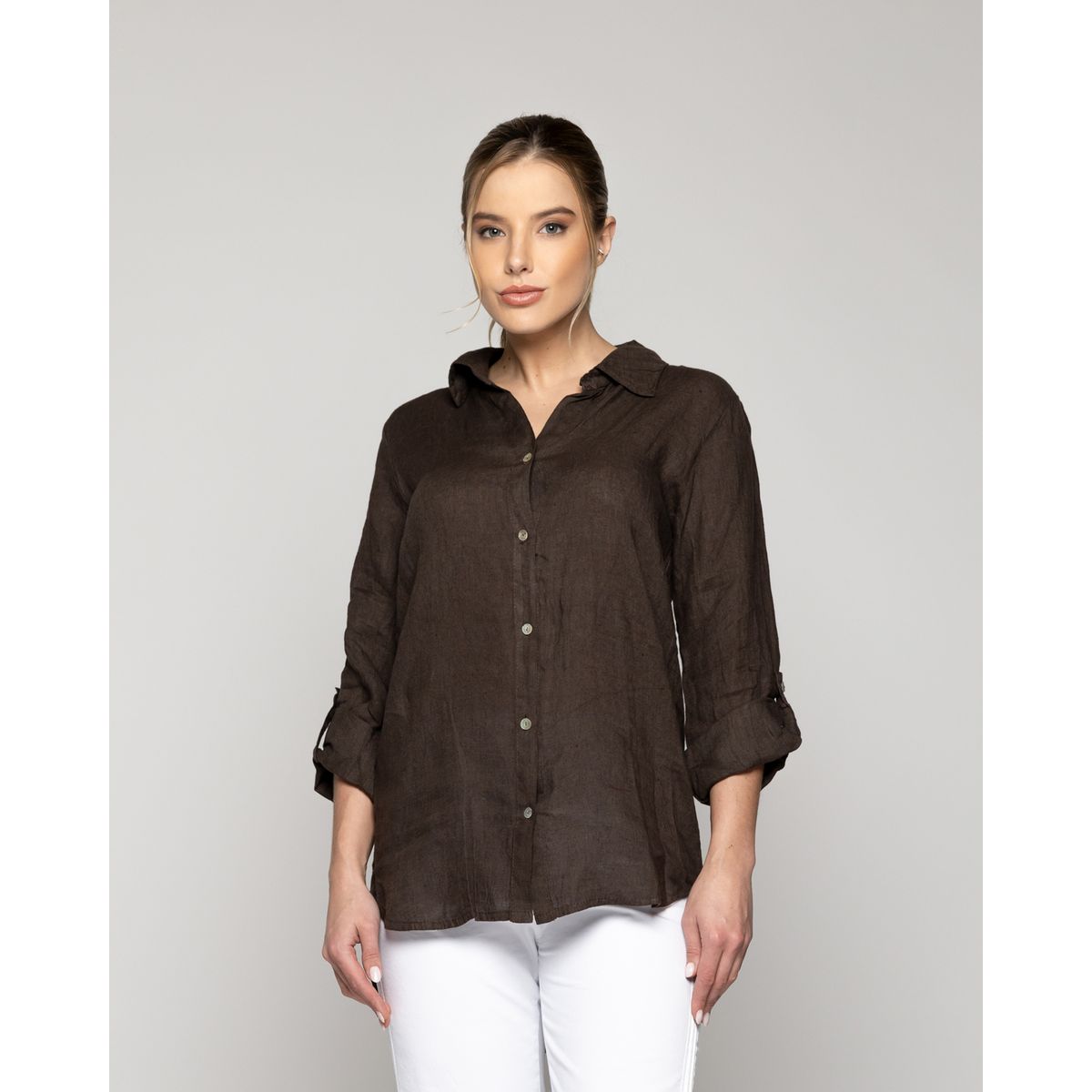 LINEATRE - Blusa Mujer Belén Lino Manga Larga Café Moro Lineatre