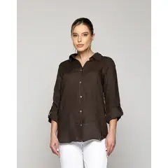 LINEATRE - Blusa Mujer Belén Lino Manga Larga Café Moro