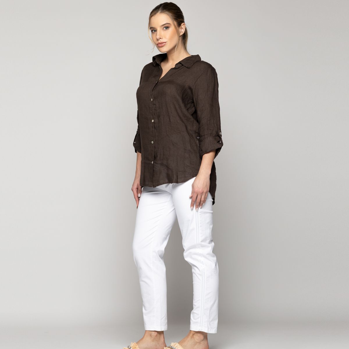 LINEATRE - Blusa Mujer Belén Lino Manga Larga Café Moro Lineatre