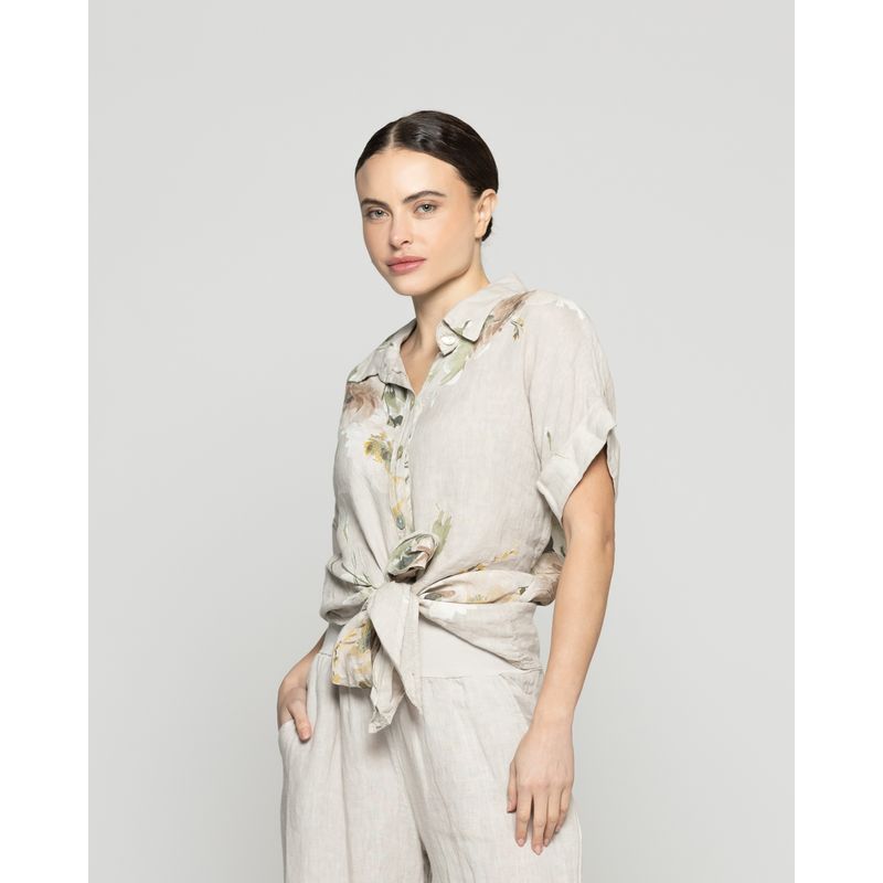 LINEATRE - Blusa Mujer Bonnie de Lino Con Estampado de Flores Beige Lineatre