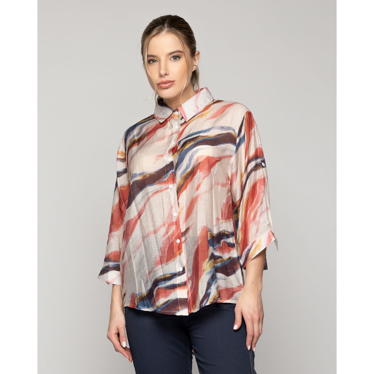 LINEATRE - Blusa Mujer Bellinda Manga 3/4 Diseño Abstracto Coral Lineatre