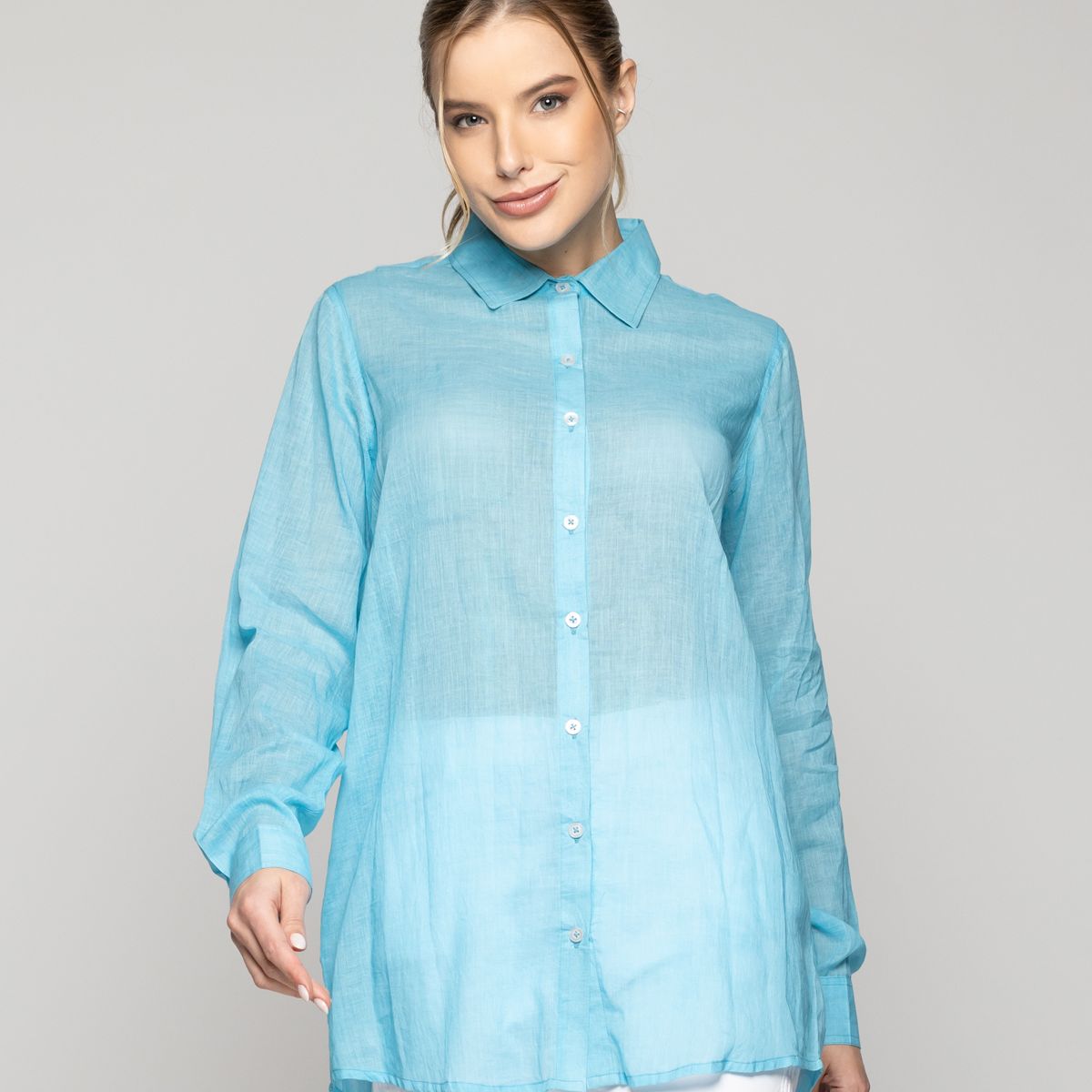 LINEATRE - Blusa Mujer Belisa Básica Tela Ligera Celeste Lineatre