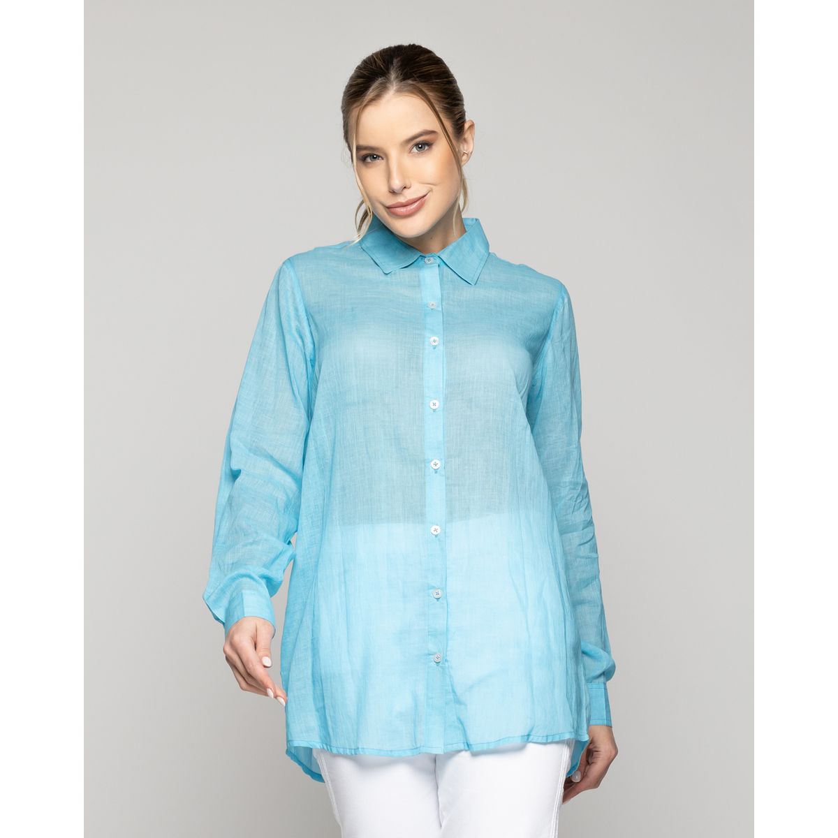 LINEATRE - Blusa Mujer Belisa Básica Tela Ligera Celeste Lineatre