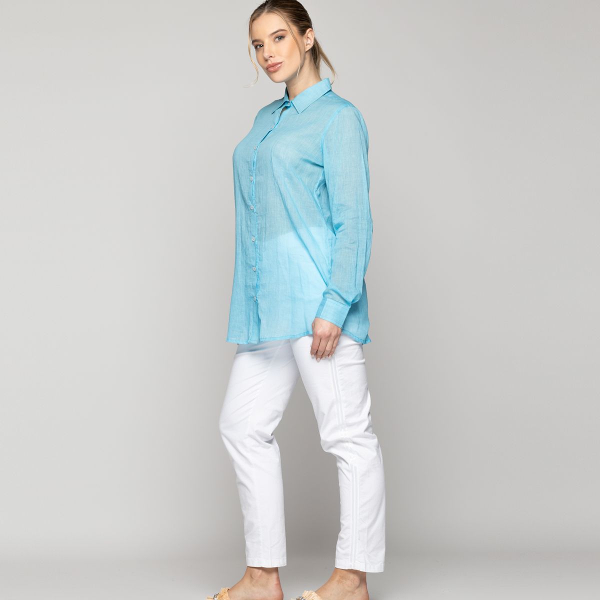 LINEATRE - Blusa Mujer Belisa Básica Tela Ligera Celeste Lineatre
