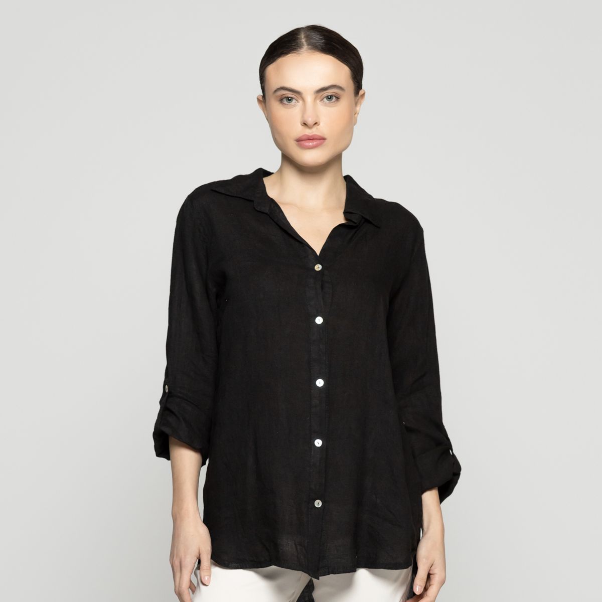 LINEATRE - Blusa Mujer Belén Lino Manga Larga Negra Lineatre