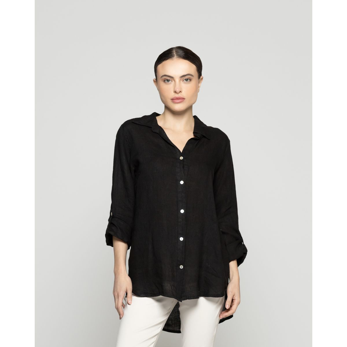 LINEATRE - Blusa Mujer Belén Lino Manga Larga Negra Lineatre