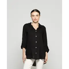 LINEATRE - Blusa Mujer Belén Lino Manga Larga Negra