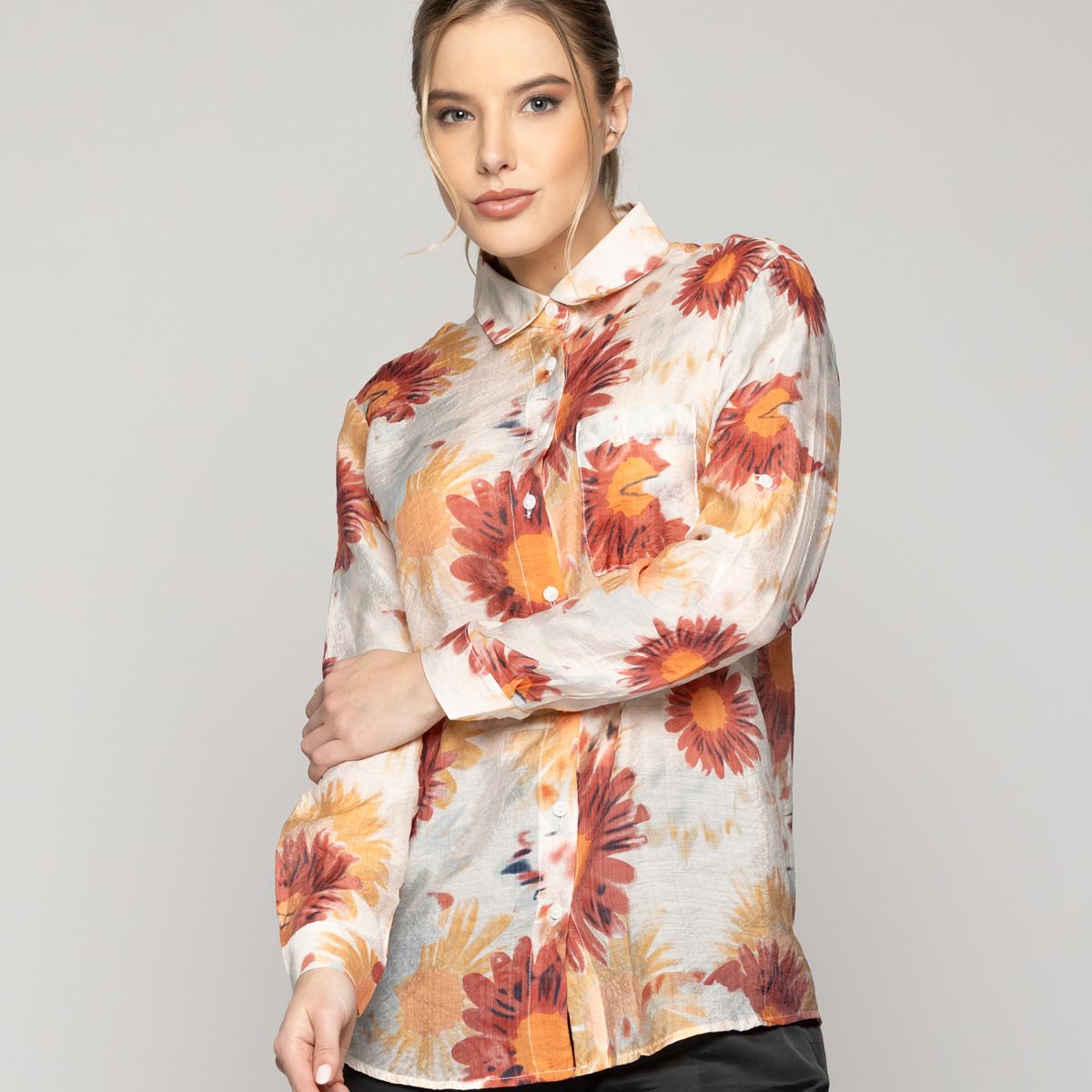 LINEATRE - Blusa Mujer Brigitte Manga Larga Con Diseño Flores Naranja Coral Lineatre