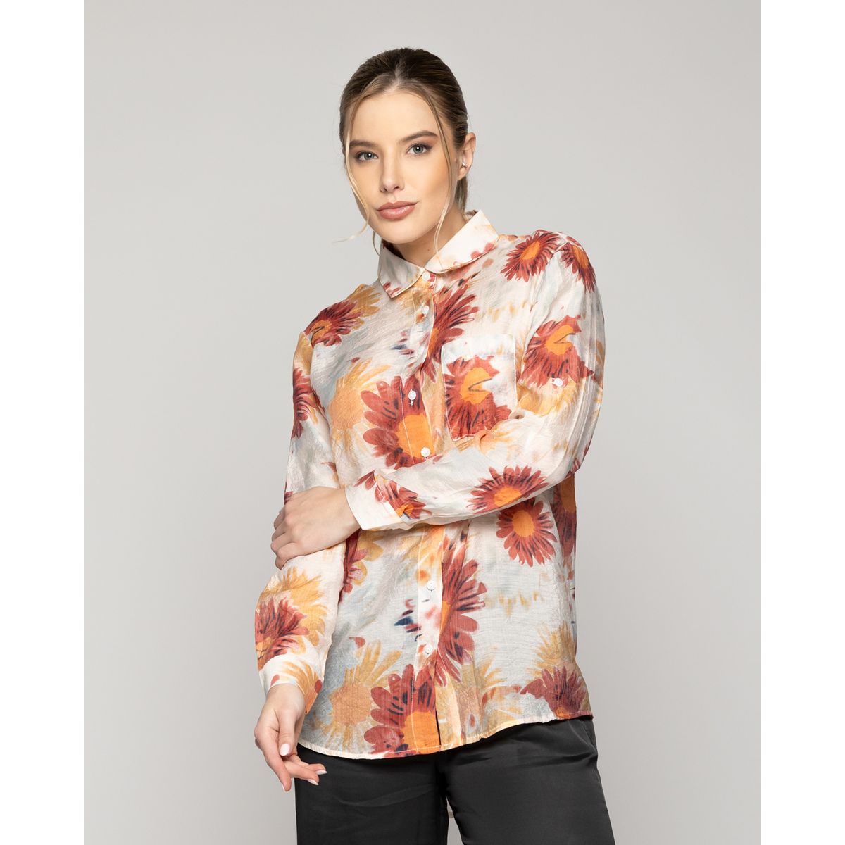 LINEATRE - Blusa Mujer Brigitte Manga Larga Con Diseño Flores Naranja Coral Lineatre