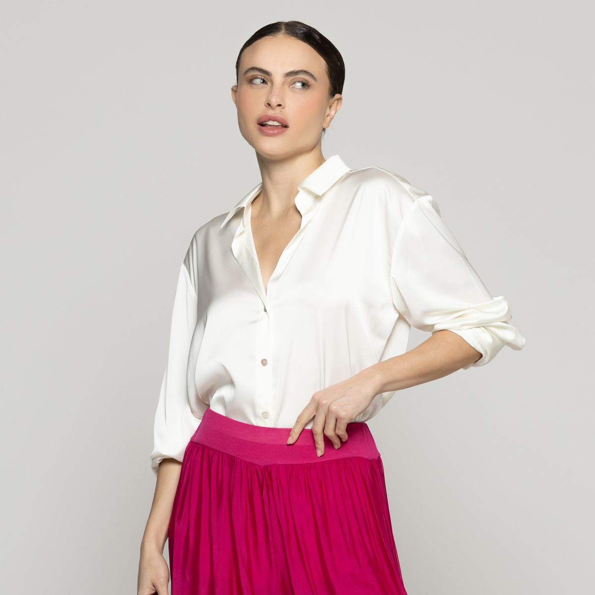 LINEATRE - Blusa Mujer Barbarella Satinada Manga Larga Blanca Lineatre