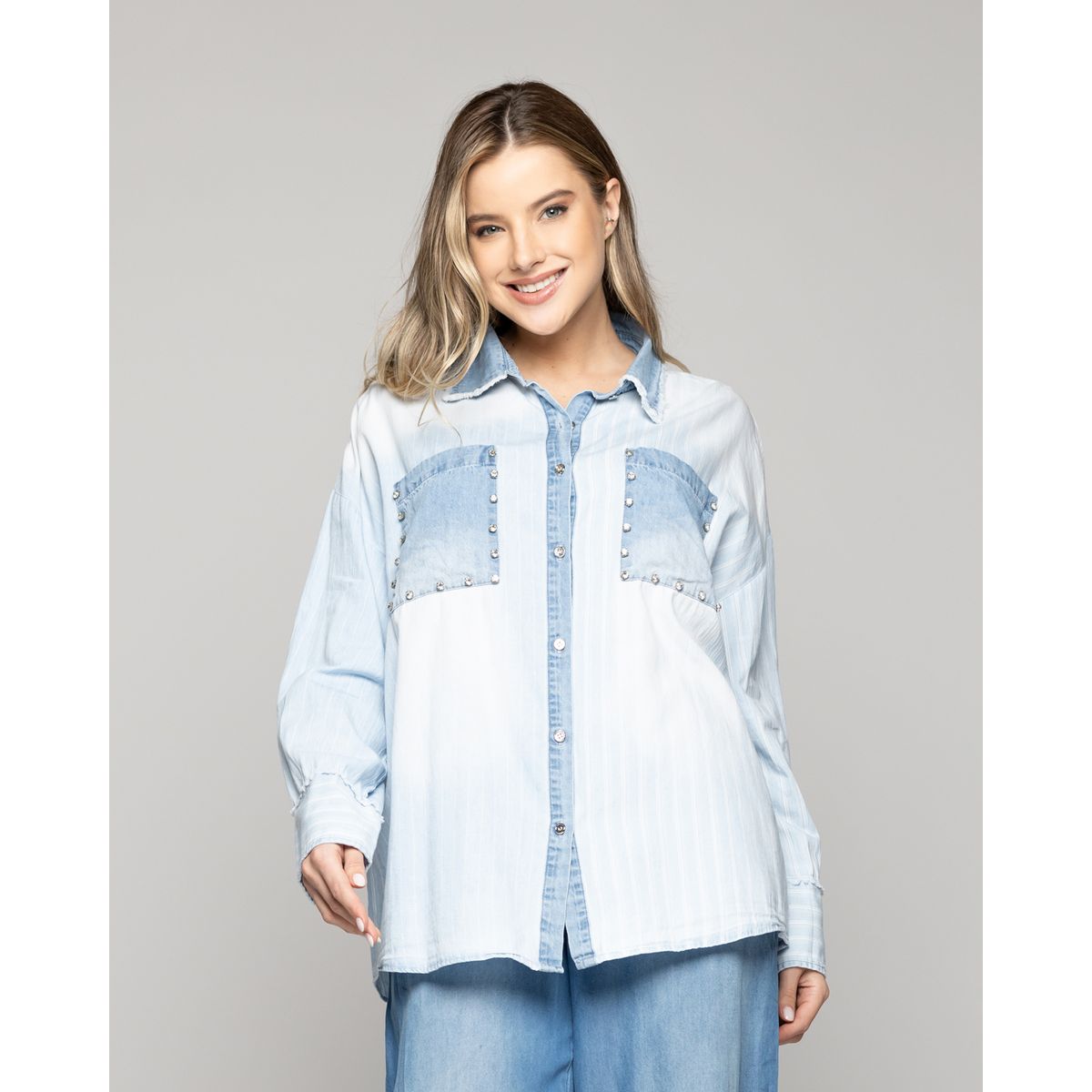 LINEATRE - Camisa Mujer Leila Jeans Con Brillos Celeste Lineatre