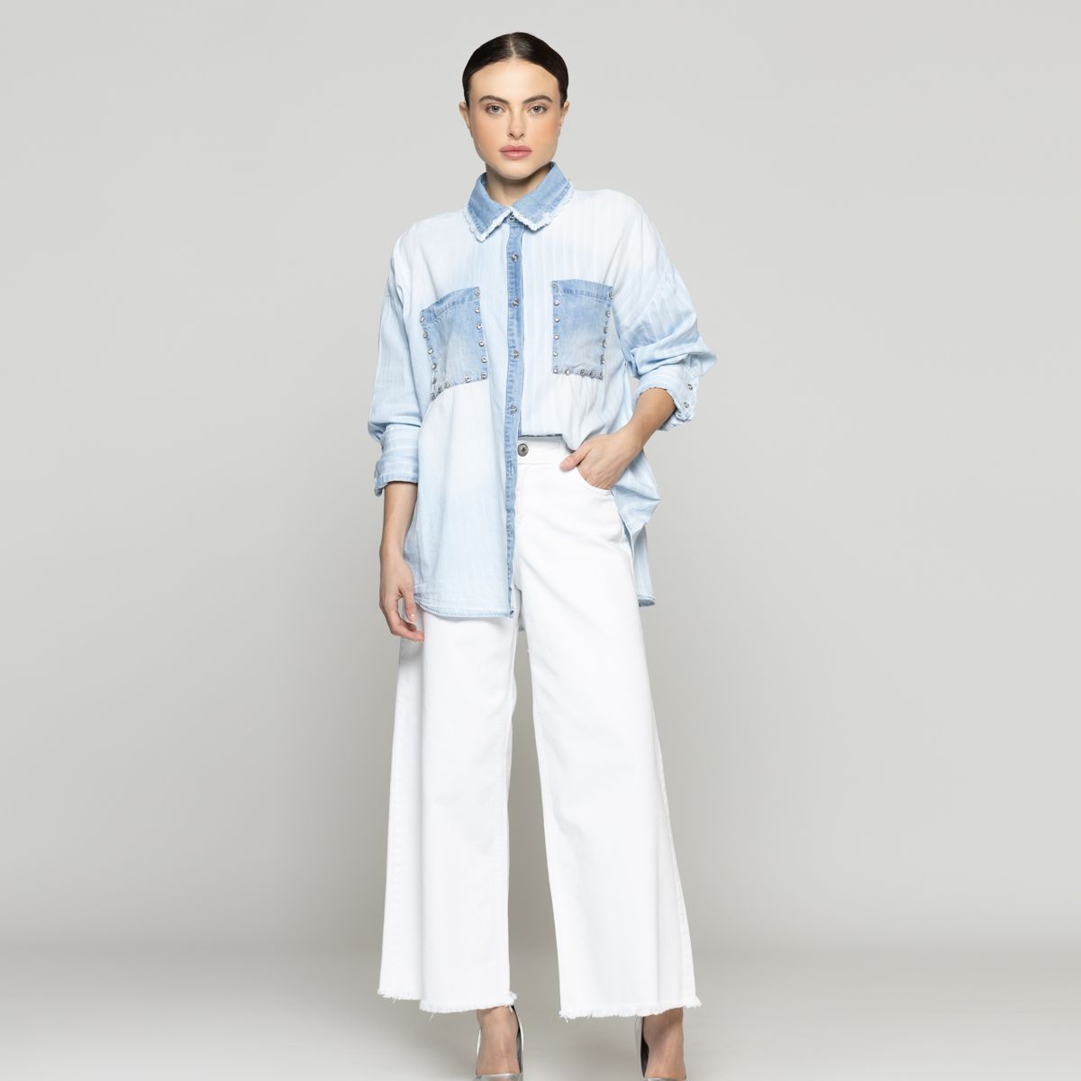 LINEATRE - Camisa Mujer Leila Jeans Con Brillos Celeste Lineatre