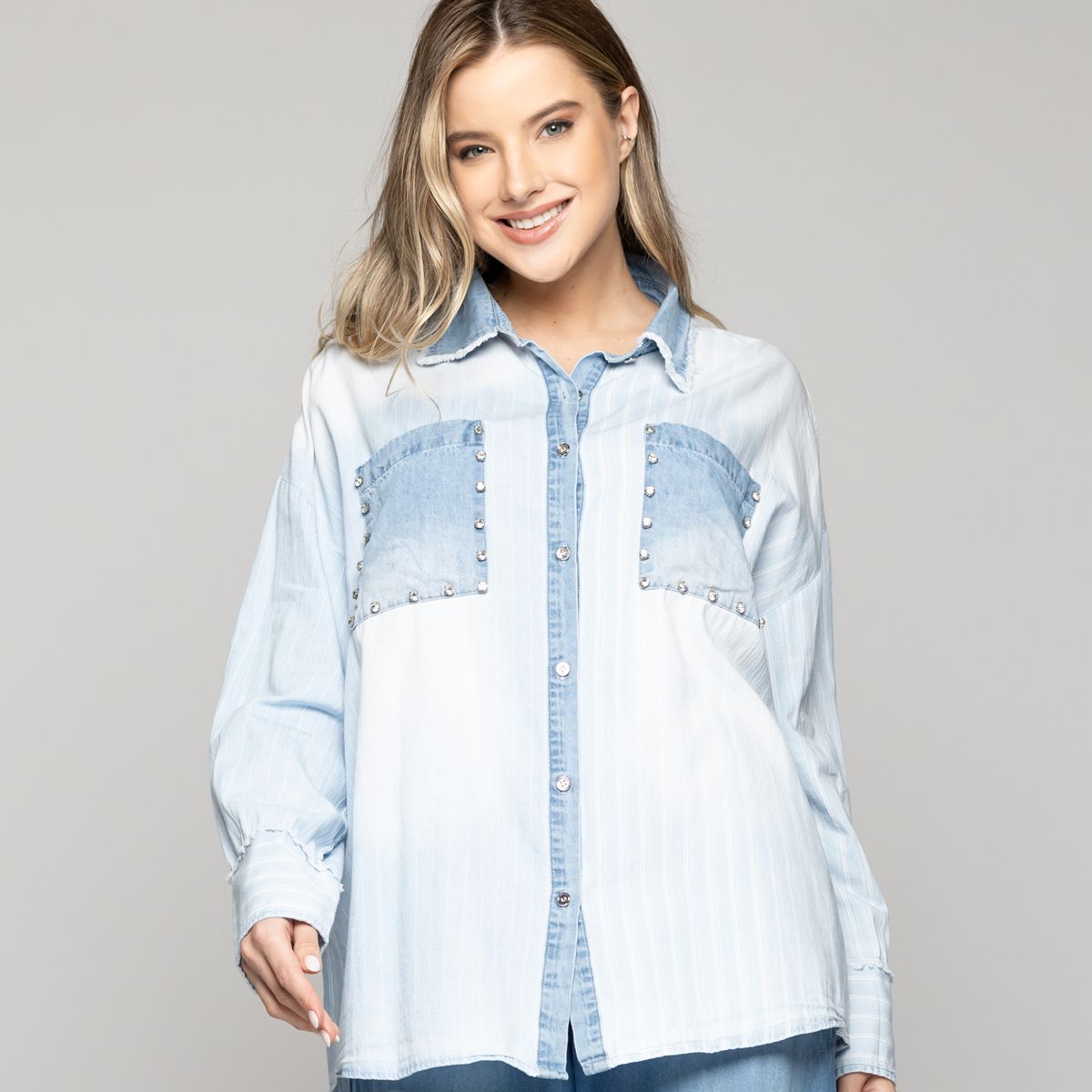 LINEATRE - Camisa Mujer Leila Jeans Con Brillos Celeste Lineatre