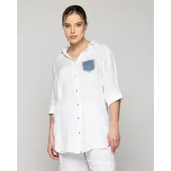 LINEATRE - Blusa Mujer Benita De Lino Manga Larga Blanca Con Bolsillo