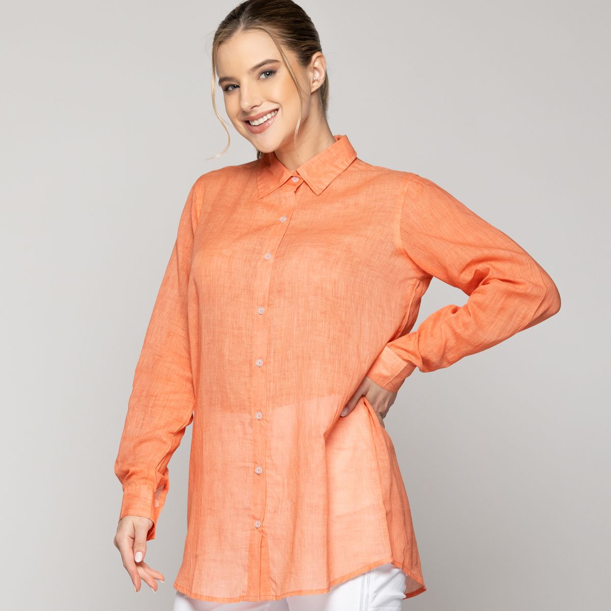 LINEATRE - Blusa Mujer Belisa Básica Tela Ligera Naranja Coral Lineatre