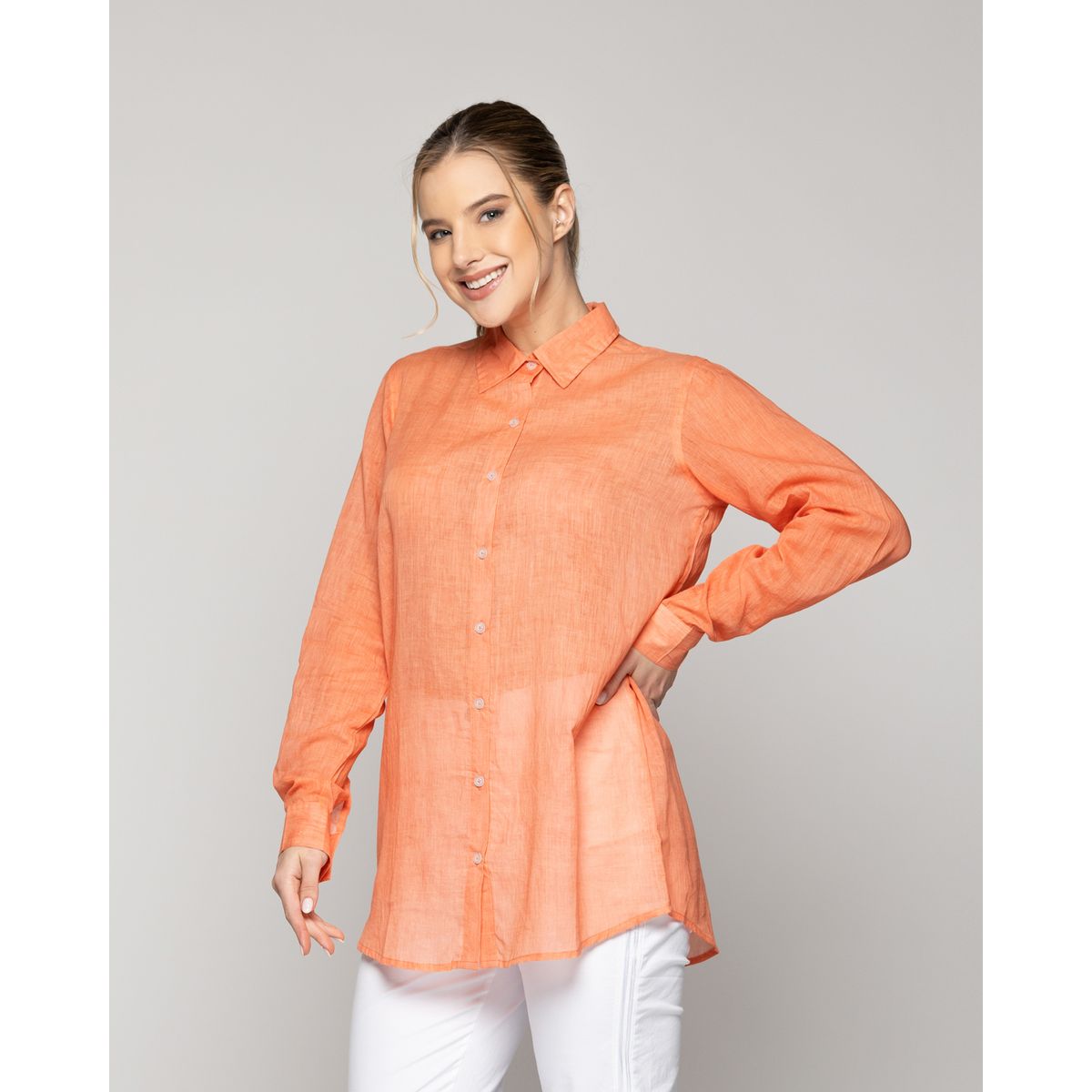 LINEATRE - Blusa Mujer Belisa Básica Tela Ligera Naranja Coral Lineatre