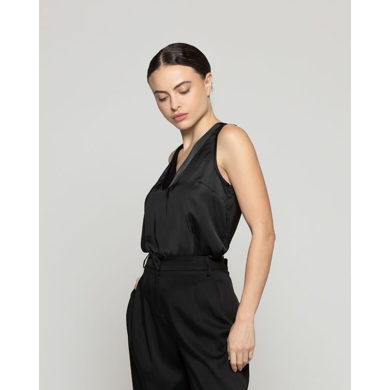 LINEATRE - Top Mujer Tatiana Satinado Escote V Blanco Negro Lineatre
