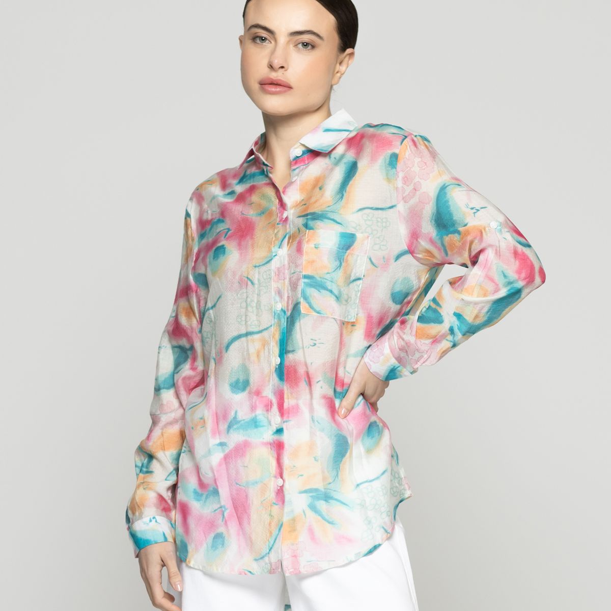 LINEATRE - Blusa Mujer Brigitte Manga Larga Con Diseño Fucsia Y Celeste Lineatre