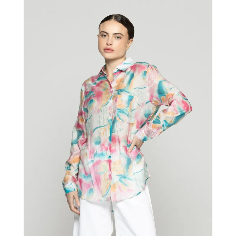 LINEATRE - Blusa Mujer Brigitte Manga Larga Con Diseño Fucsia Y Celeste Lineatre