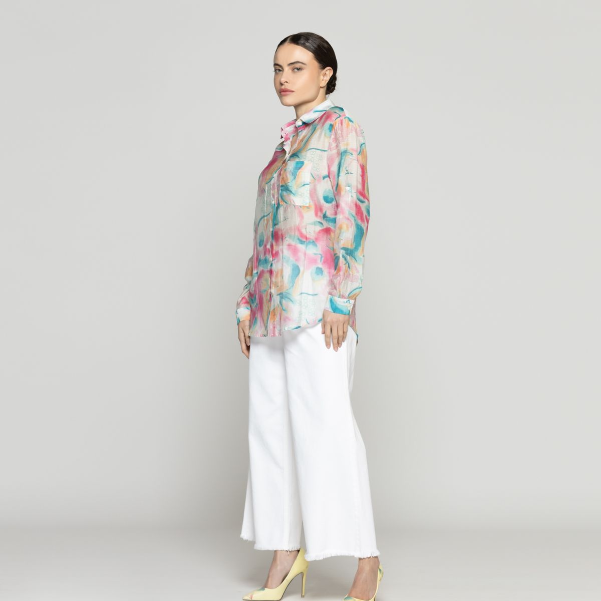 LINEATRE - Blusa Mujer Brigitte Manga Larga Con Diseño Fucsia Y Celeste Lineatre