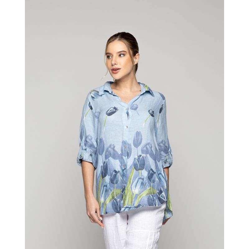 LINEATRE - Blusa Mujer Baylee De Lino Con Tulipanes Azul Lineatre