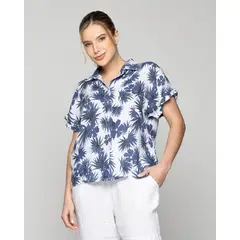 LINEATRE - Blusa Mujer Briana De Lino Manga Corta Con Diseño Azul Y Blanco