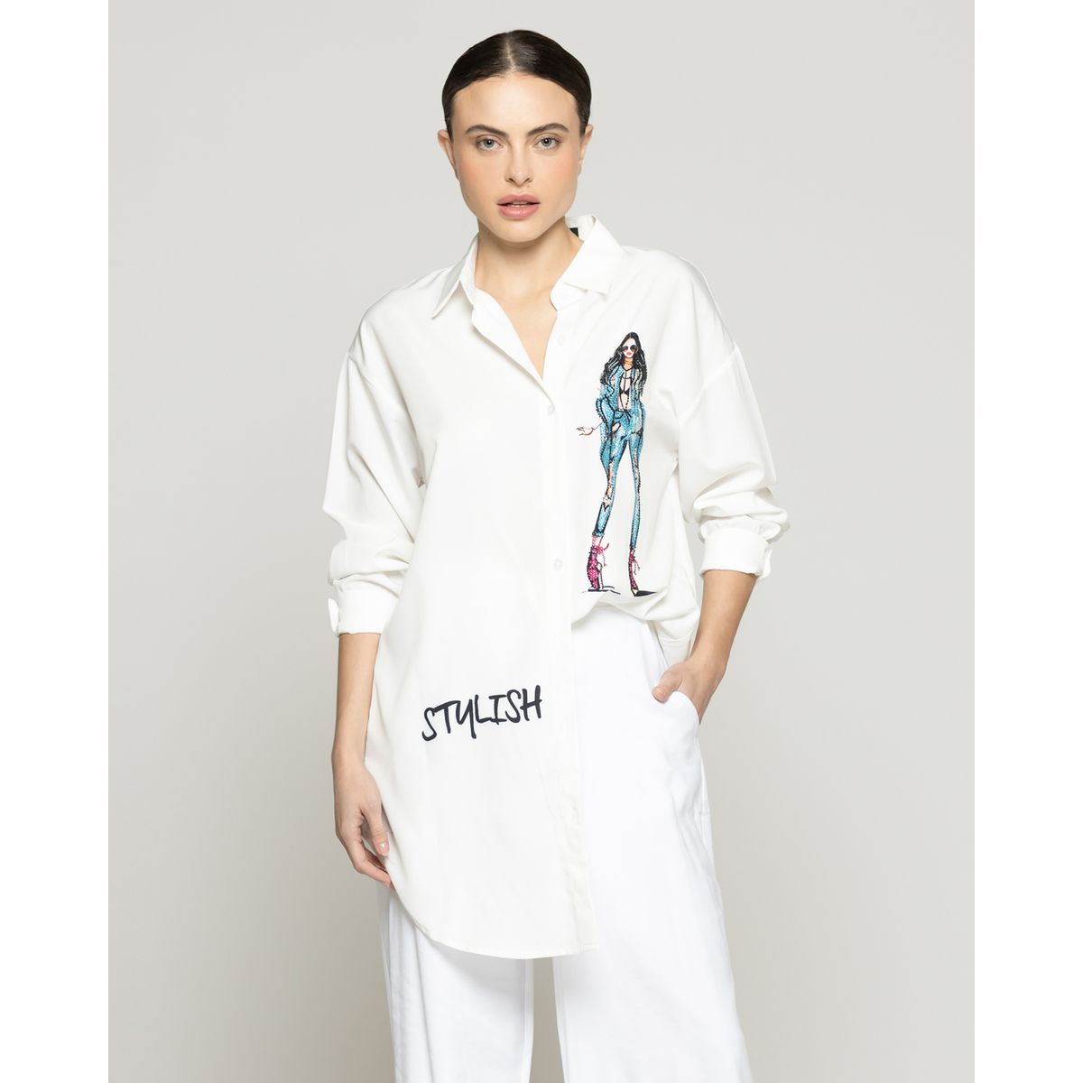 LINEATRE - Blusa Mujer Briseida Larga Con Diseño De Mujer Y Brillos Blanca Lineatre