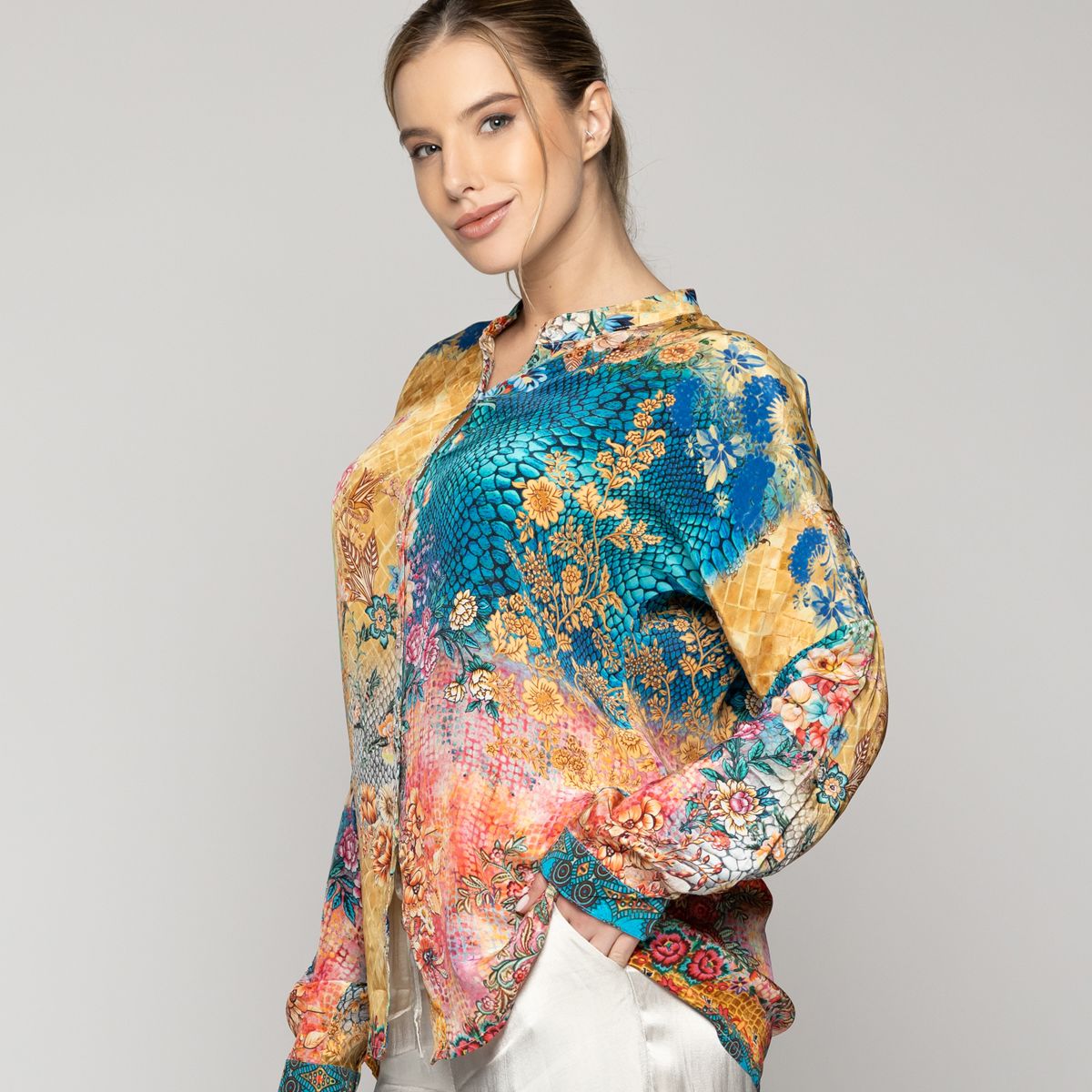 LINEATRE - Blusa Mujer Briela Cuello Mao Estampado Mixto Amarilla Lineatre