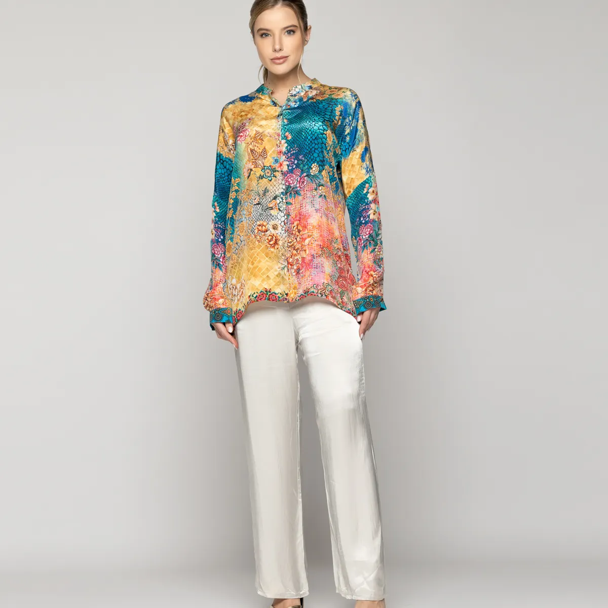 LINEATRE - Blusa Mujer Briela Cuello Mao Estampado Mixto Amarilla Lineatre