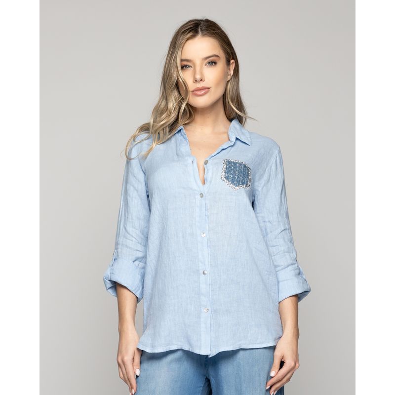 LINEATRE - Blusa Mujer Benita De Lino Manga Larga Celeste Con Bolsillo Lineatre