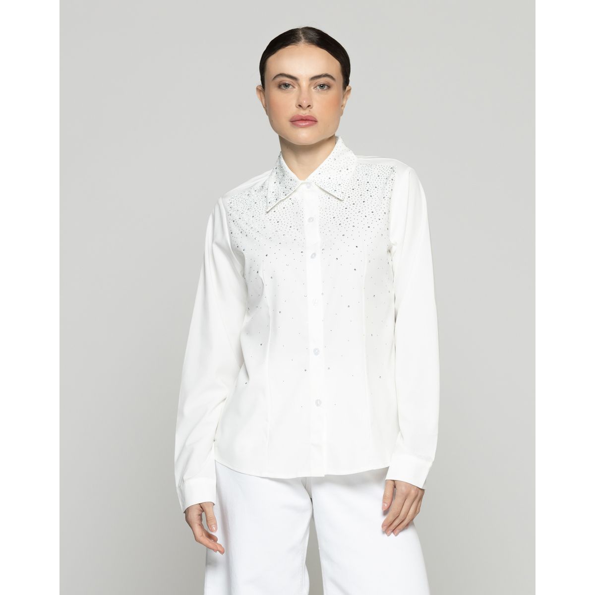 LINEATRE - Blusa Mujer Basilia  Entallada Con Brillos Blanca Lineatre