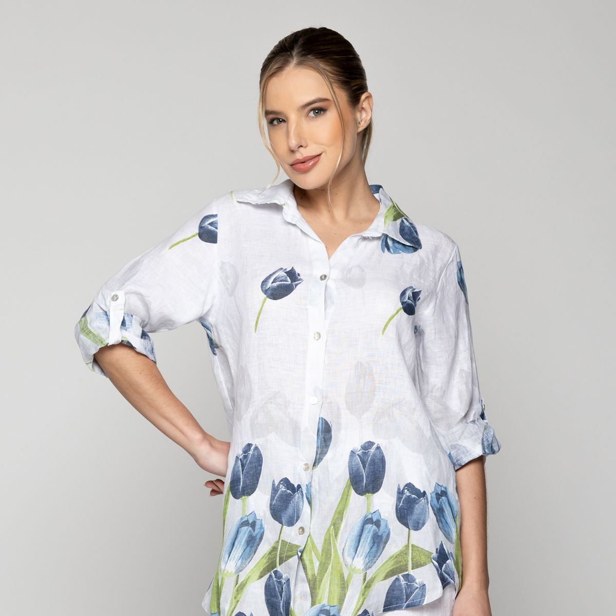 LINEATRE - Blusa Mujer Baylee De Lino Con Tulipanes Blanca Lineatre