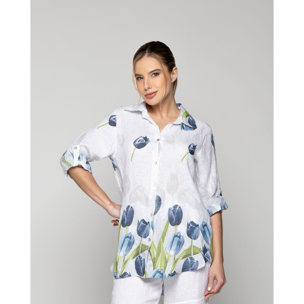 LINEATRE - Blusa Mujer Baylee De Lino Con Tulipanes Blanca Lineatre
