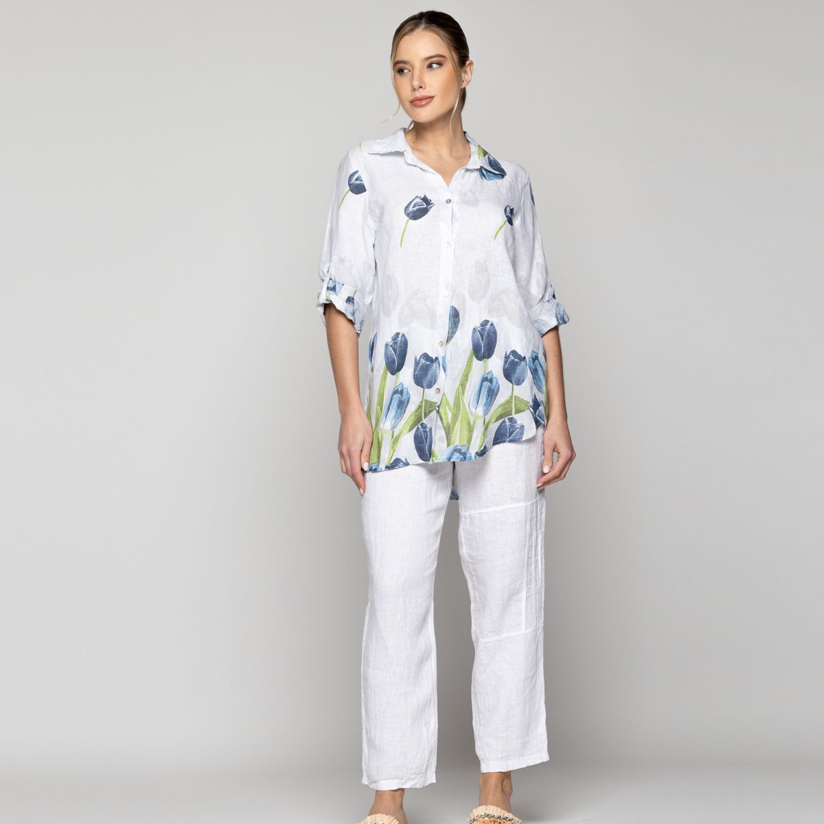 LINEATRE - Blusa Mujer Baylee De Lino Con Tulipanes Blanca Lineatre