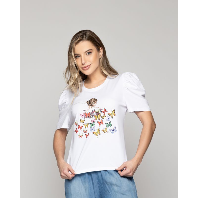 LINEATRE - Polera Mujer Ofelia Manga Corta Con Estampado De Mariposas Blanca Lineatre