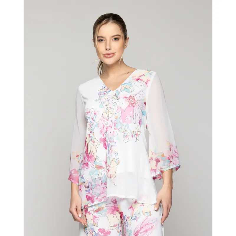 LINEATRE - Blusa Mujer Biancarosa Con Diseño De Flores Y Brillos Lineatre