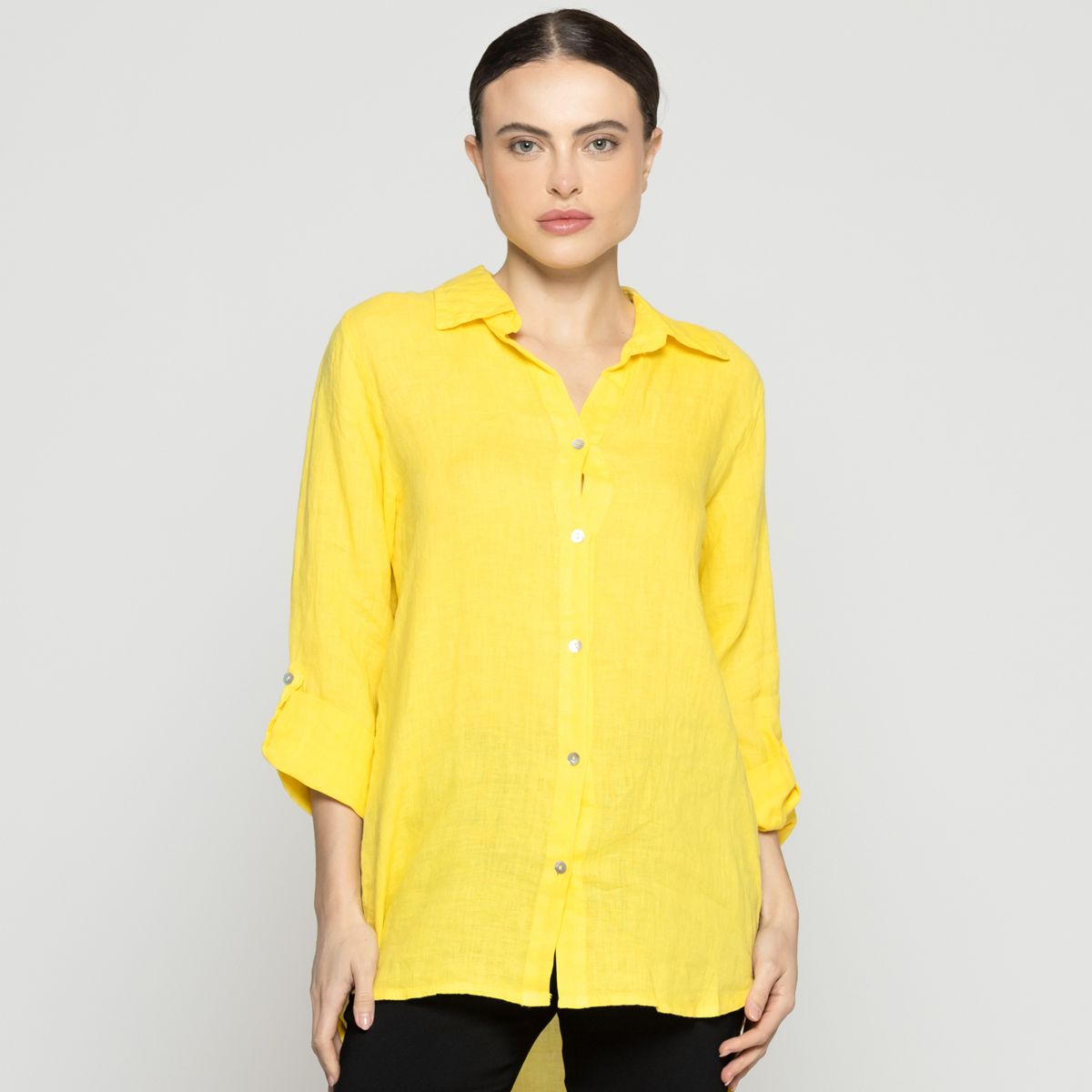 LINEATRE - Blusa Mujer Belén Lino Manga Larga Amarilla Lineatre
