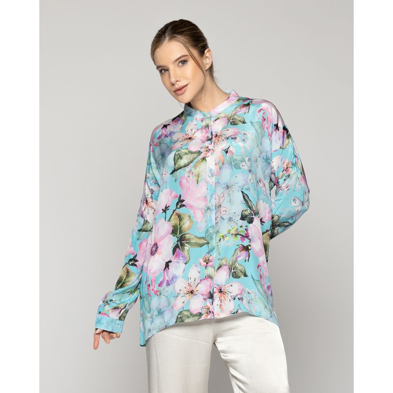 LINEATRE - Blusa Mujer Briela Cuello Mao Estampada Con Flores Verde Menta Lineatre