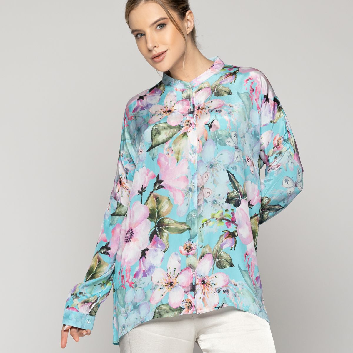 LINEATRE - Blusa Mujer Briela Cuello Mao Estampada Con Flores Verde Menta Lineatre