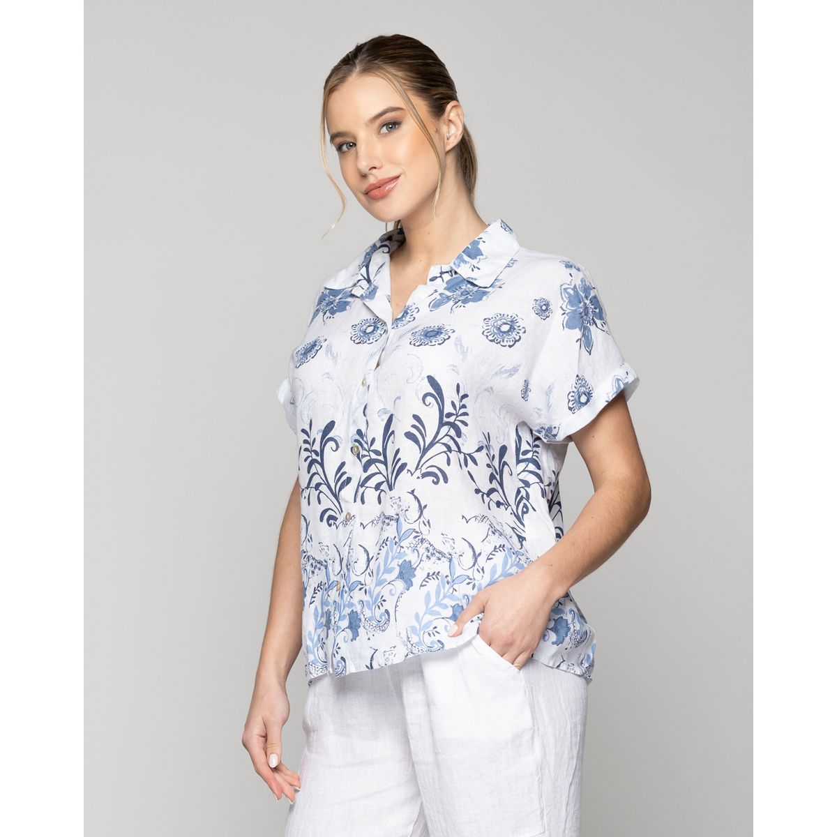 LINEATRE - Blusa Mujer Benedicta De Lino Manga Corta Con Diseño Azul Y Blanco Lineatre